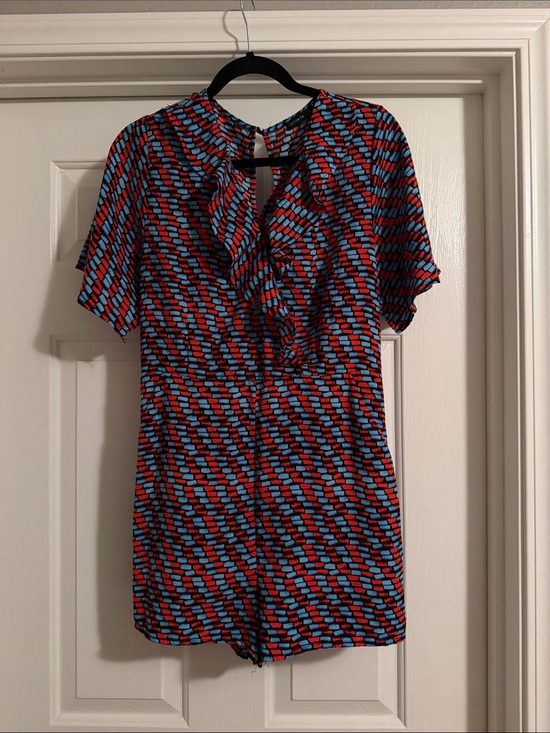 Cotton On Dresses & Skirts - Womens Red & Blue Patterned Short Sleeve Rompers with Ruffle Neck